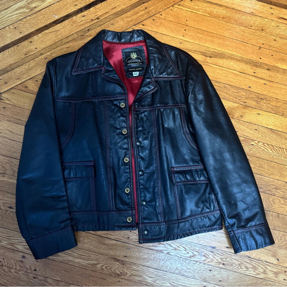 Men's Black Leather Jacket with Red Accents